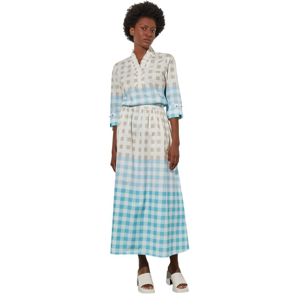 MING WANG Women's Two Piece Gingham Cotton Poplin Skirt Set Blue/Tan Size Small